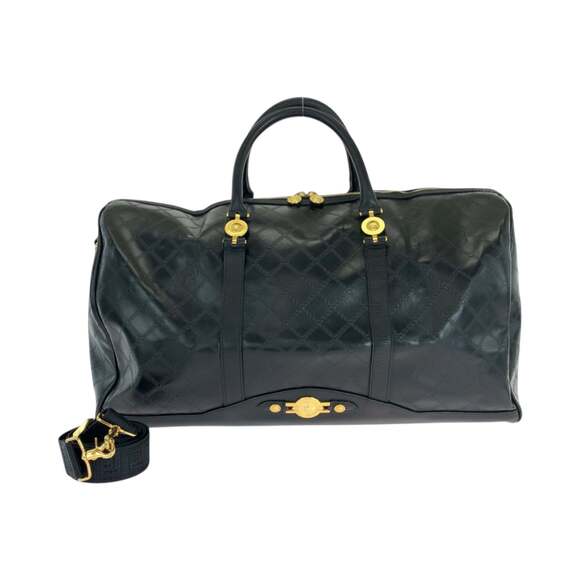 VERSACE Vintage Sunburst Black Gold Hardware Leather Boston Bag Handbag Men's